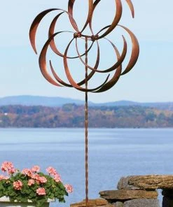 Ancient Graffiti Kinetic Dual Flower Copper Colored 87" Spinner Lawn & Garden
