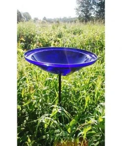 Achla Standing Bird Baths Crackle Glass Bird Bath Bowl With Cradle And Stake, Cobalt