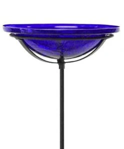 Achla Standing Bird Baths Crackle Glass Bird Bath Bowl With Cradle And Stake, Cobalt