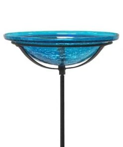 Achla Crackle Glass Bird Bath Bowl With Cradle And Stake, Teal Standing Bird Baths