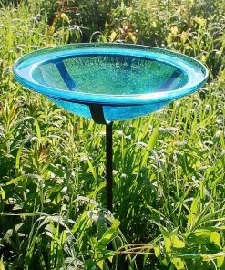 Achla Crackle Glass Bird Bath Bowl With Cradle And Stake, Teal Standing Bird Baths 7 Achla Crackle Glass Bird Bath Bowl With Cradle And Stake, Teal Standing Bird Baths